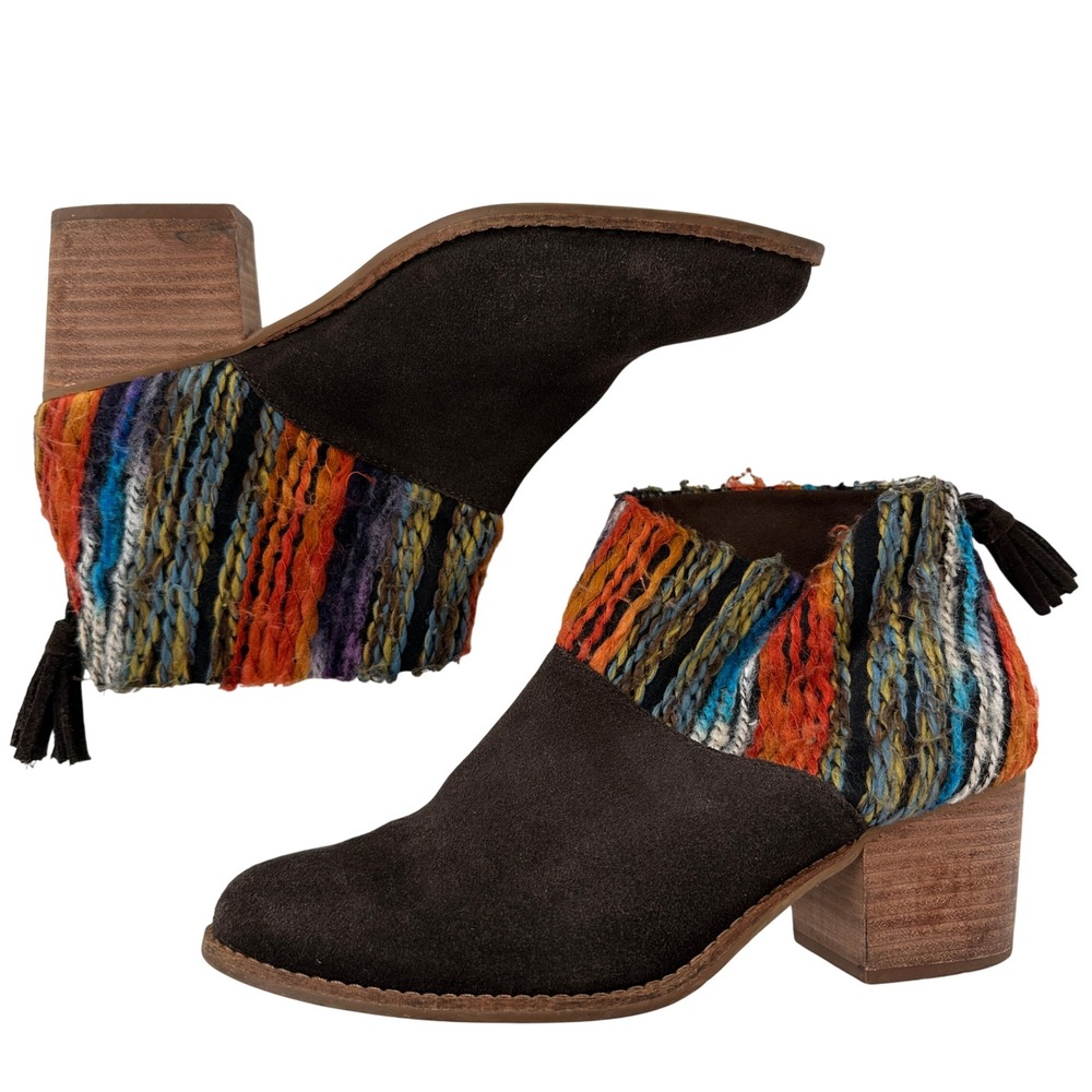 TOMS Leila Suede & Wool Brown Knit Ankle Boots Chunky Heel Women's Size 9